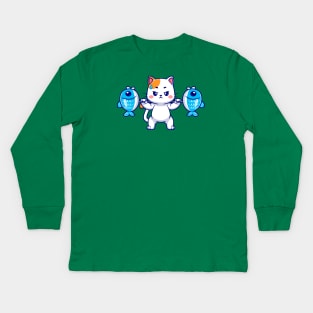 Cute Cat Lifting Fish Barbell Cartoon Kids Long Sleeve T-Shirt